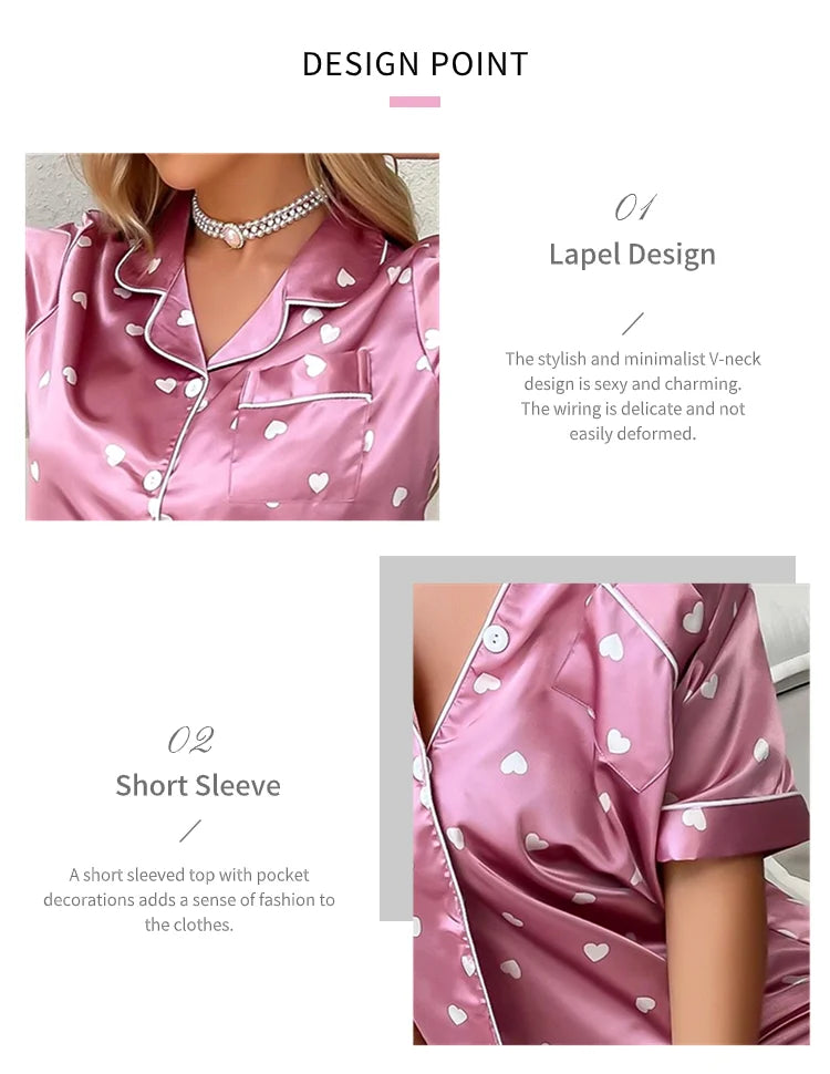 Women's Sleepwear Heart Print Satin Pajama Set Casual Short Sleeve Buttons Lapel Top & Pants Pajamas Soft Home Clothing Pyjamas