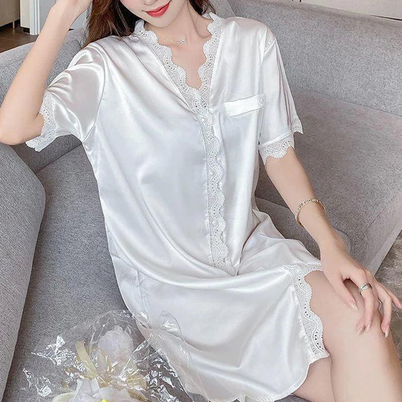 Elegant Ladies Short-Sleeved Pyjamas Sweet Wind Summer Sexy Nightgown V-Neck Cardigan Lace Lace Casual Home Wear Nightgowns