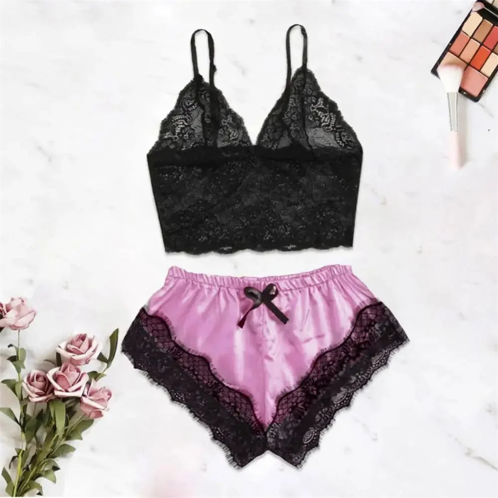 Women Pajamas Set Sexy Satin Lace Sleepwear Lingerie Ladies Elastic Suspender Shorts  Nightwear Suits Sleeveless Underwear Tops