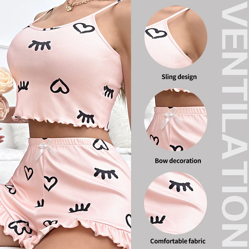 New Fashionable Women's Pink Fun Printed Pajama Set Women's Suspender Ruffle Top and Shorts Casual Home Pajama Set