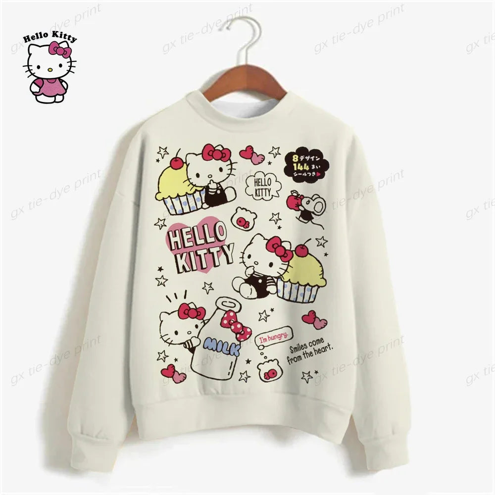 Korean Fashion Hoodies for Women Thin Chic Hooded HELLO KITTY Print Sweatshirt Female autumn Loose Cartoon Print Top y2k