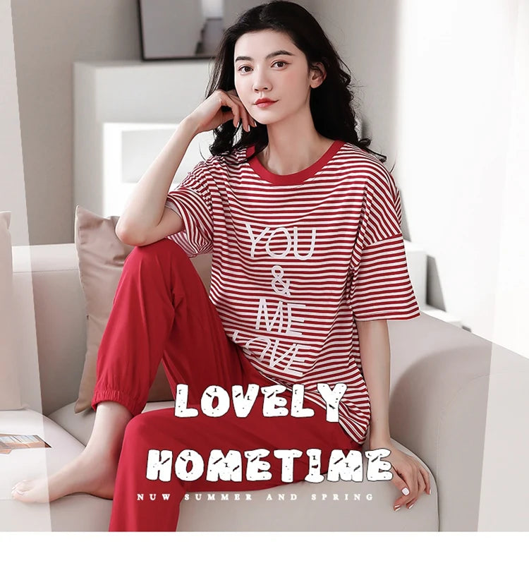 2024 Summer 100% Cotton Short Sleeve Long Pants Pajama Sets for Women Korean Cute Sleepwear Homewear Pijama Mujer Home Clothes