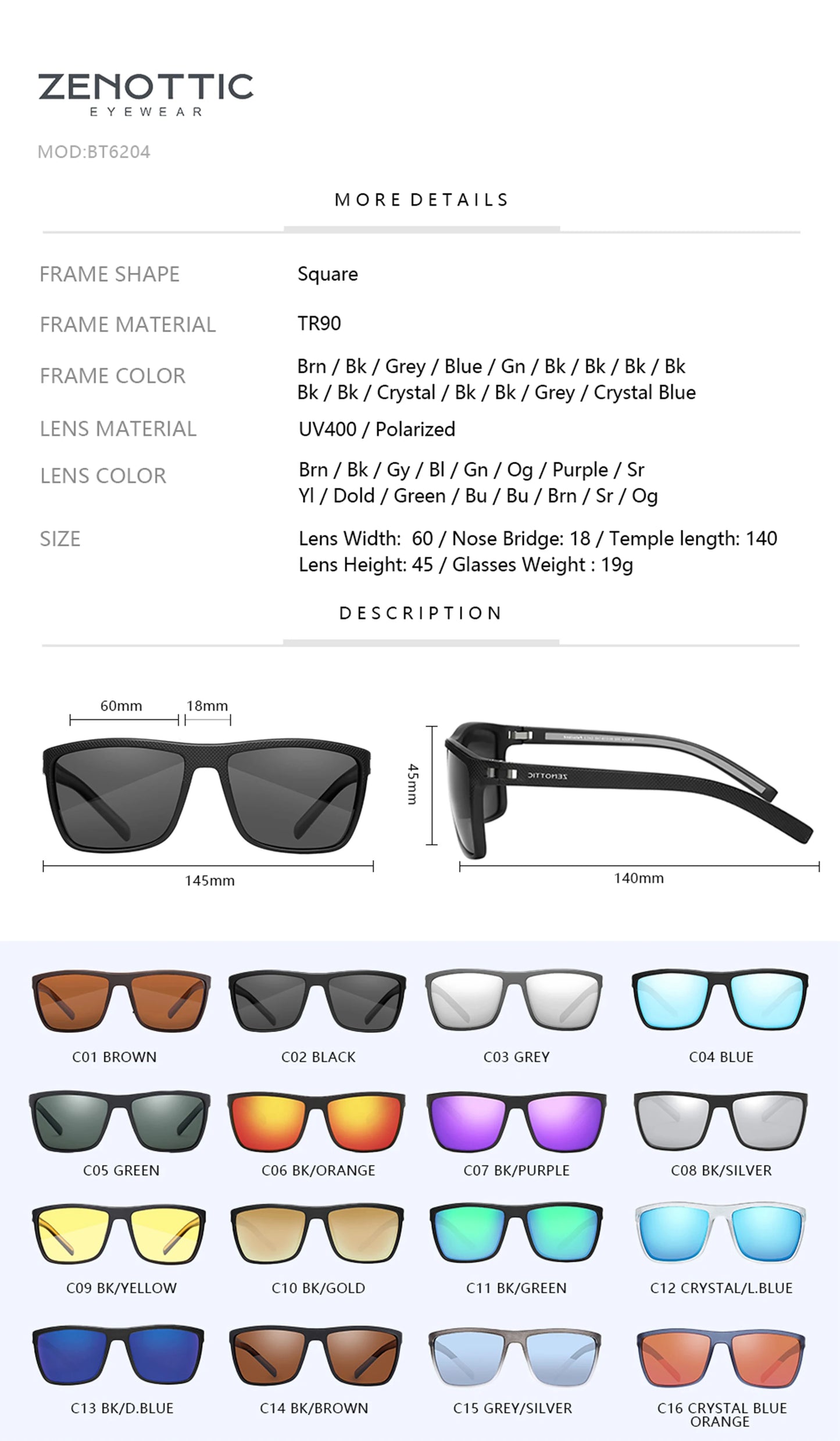 ZENOTTIC 2024 Fashion Polarized Sunglasses Shade Women Men Ultra light TR90 Frame UV400 Protection Square Retro Sun Glasses