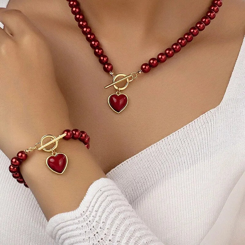 2 Pcs Immitation Pearl Necklace Bracelet Jewelry Set Elegant Pearl Color Pendant Natural Color Beads Collar For Girl