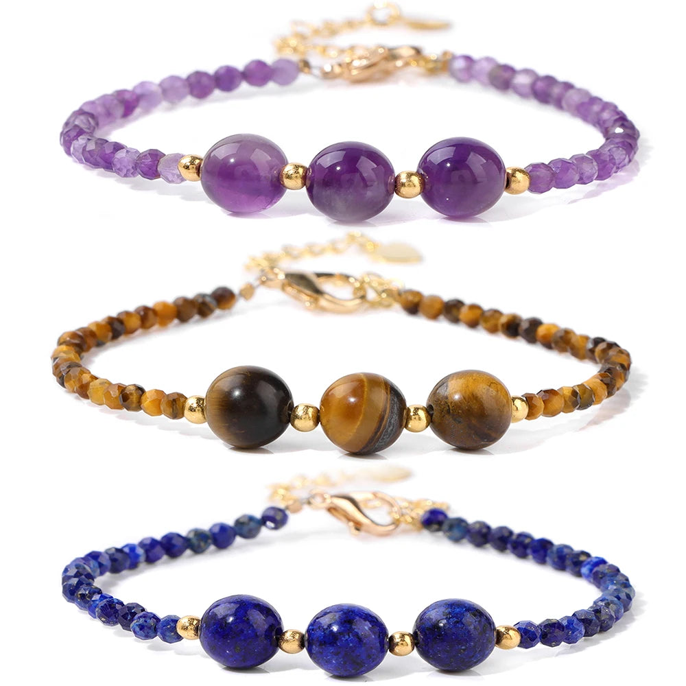 Natural Stone Beads Bracelet Amethysts Tiger Eye Lapis Lazuli 3mm Faceted Beads Chain Bracelets For Women Men Fashion Jewelry