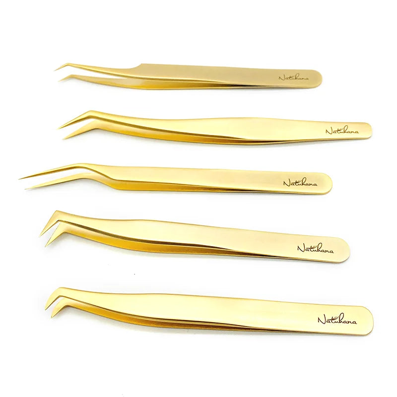 NATUHANA Anti-Static Eyelash Extension Tweezer Gold Stainless Steel Eyelashes Tweezers Professional for Volume Fan Makeup Tools