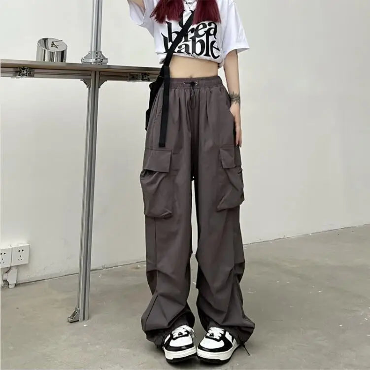 Women Long Cargo Pants Summer Elastic Waist Pocket Baggy Straight Loose Pants Casual Women Korean Trousers CDPF-WYP-51