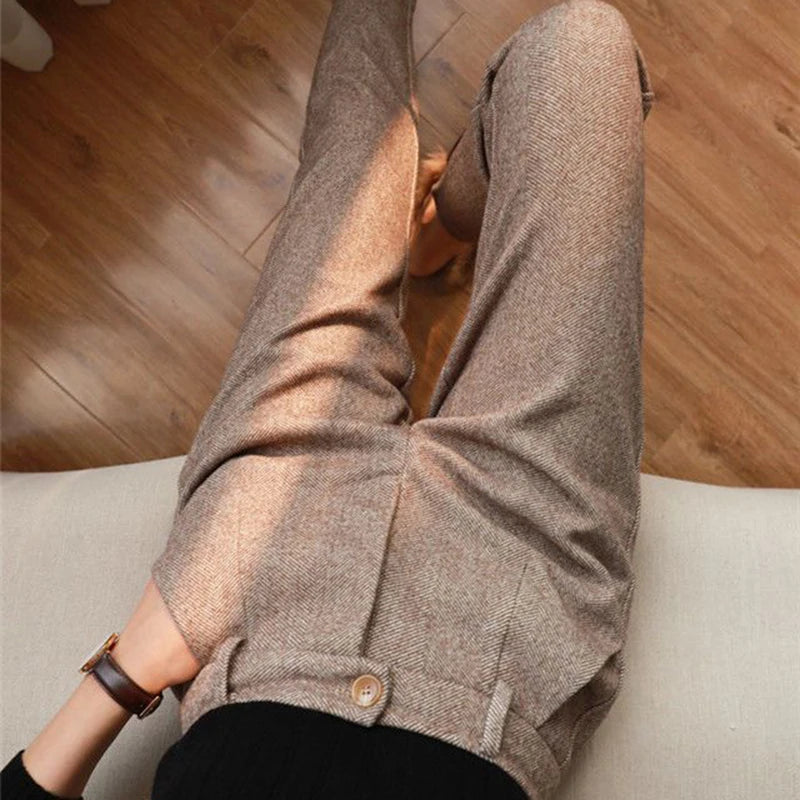 Woolen Pants Women Harem Pencil Pants Spring High Waist Pockets Suit Pants Office Lady Striped Zipper Trousers