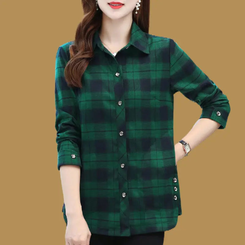 Frühling Herbst Elegante Mode Harajuku Plaid Tops Frauen Lose Beiläufige Alle Spiel Dame Hemd Polo Kragen Taste Langarm Blusa