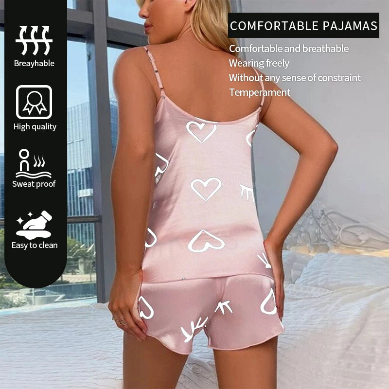 Two Piece Summer Sexy Camisole Printed Heart-Shaped Pajama Set for Women's Fashionable and Caring Home Casual Pajamas