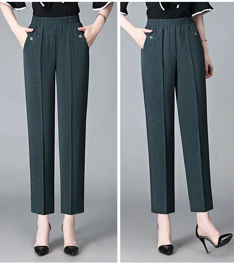 Vintage Loose Straight Pants Spring Summer Thin Women Streetwear Office Lady Casual Elastic High Waist Cropped Trousers 5XL