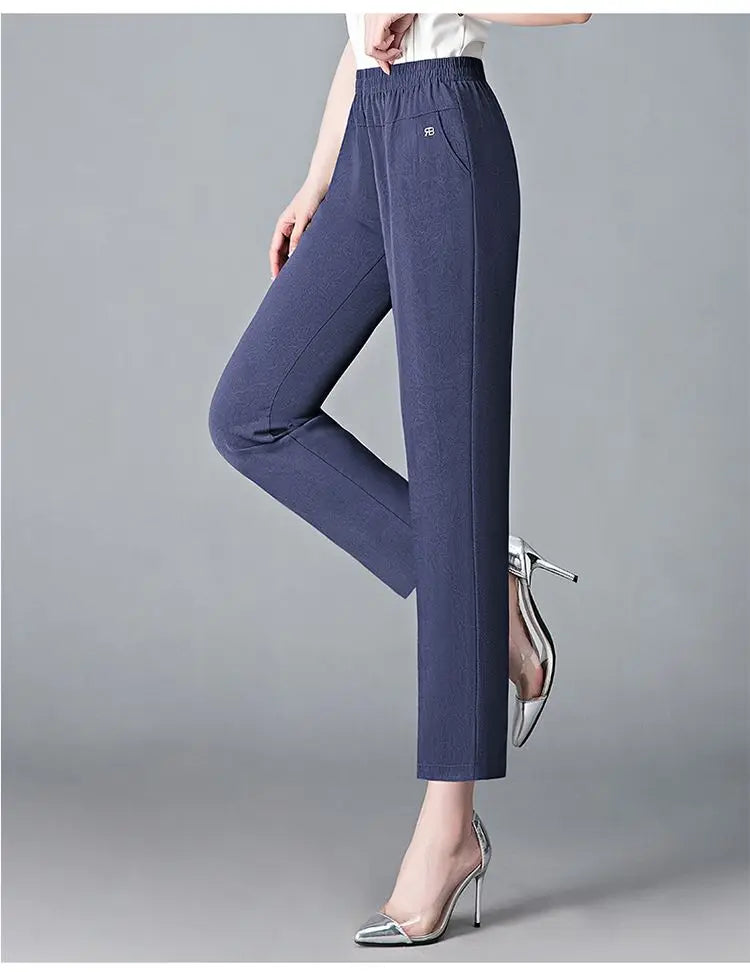 Vintage Loose Straight Pants Spring Summer Thin Women Streetwear Office Lady Casual Elastic High Waist Cropped Trousers 5XL