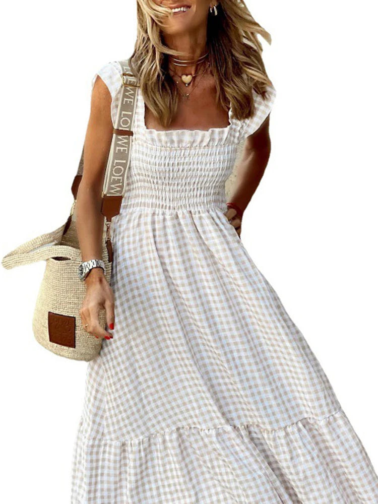 Elegant Plaid Slip Maxi Long Dress Summer Women Strapless Ruffle Backless Pleated Elastic Waist Boho Party Swing Loose Dresses