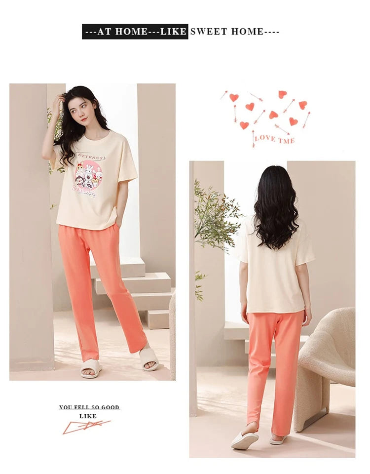 2024 Summer 100% Cotton Short Sleeve Long Pants Pajama Sets for Women Korean Cute Sleepwear Homewear Pijama Mujer Home Clothes