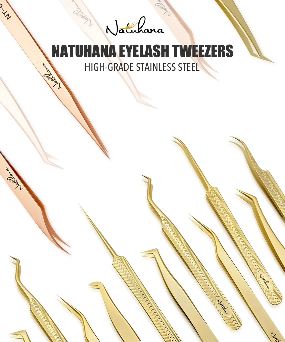 NATUHANA Anti-Static Eyelash Extension Tweezer Gold Stainless Steel Eyelashes Tweezers Professional for Volume Fan Makeup Tools