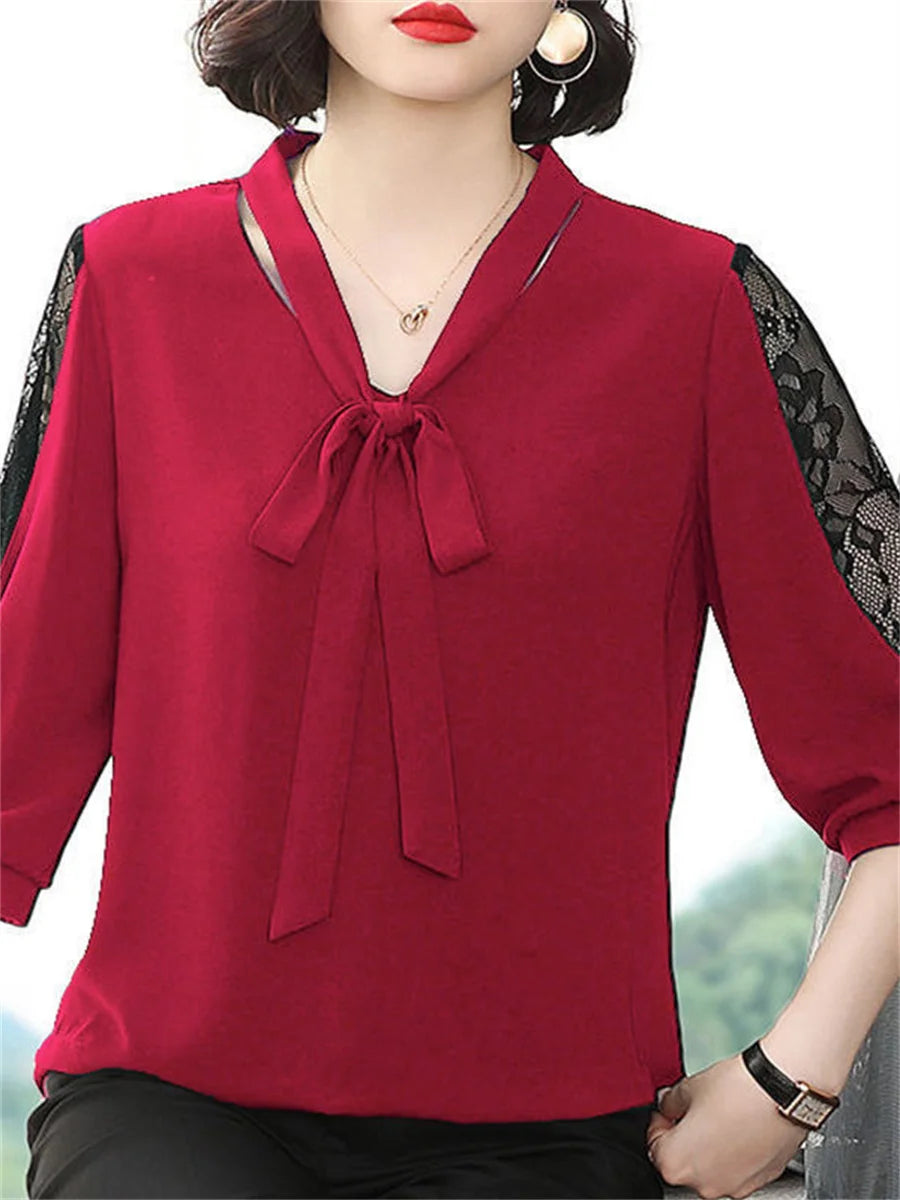 Women Spring Summer Style Blouses Tops Lady Casual Bow Tie Colloar Half Lace Sleeve Loose Blusas