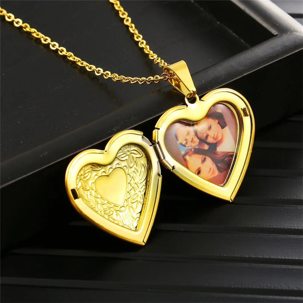 Romantic Heart Locket Pendant Openable Female Gold Color Stainless Steel Photo Frame Charm Necklaces for Women Men Jewelry Gift