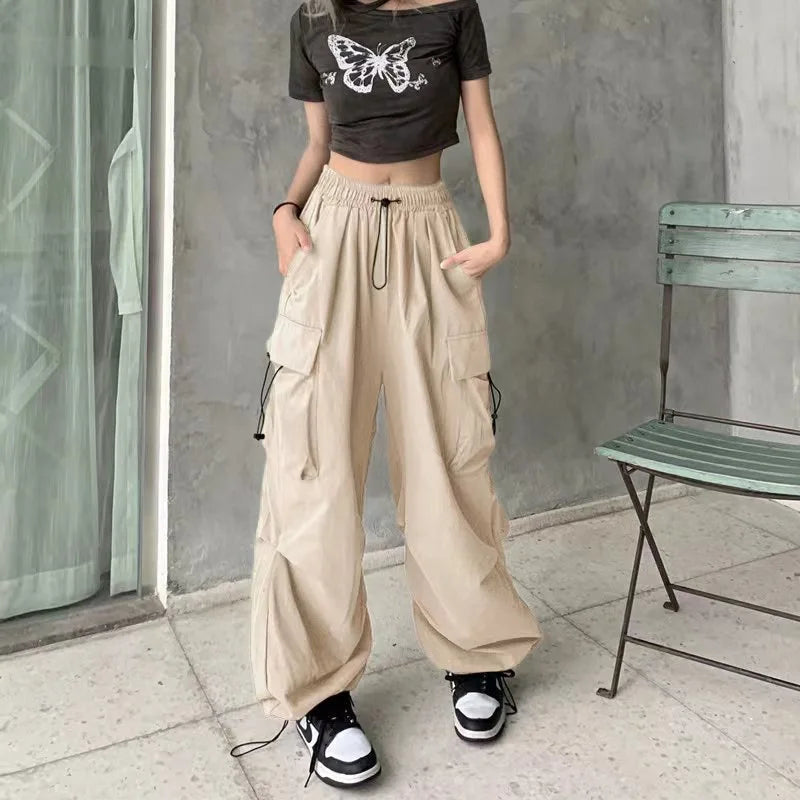 Women Long Cargo Pants Summer Elastic Waist Pocket Baggy Straight Loose Pants Casual Women Korean Trousers CDPF-WYP-51