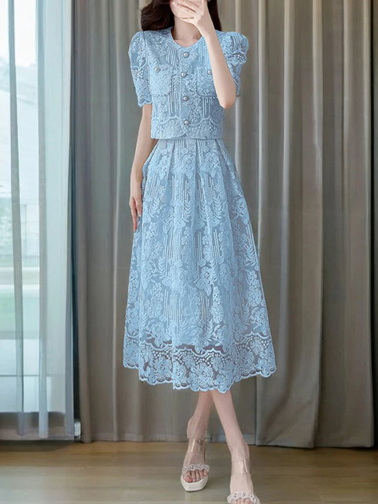 Summer New Embroidery Lace 2 Piece Set Chic Women Beaded Flower Single Breasted Short Top + A Line Midi Skirt Suits High Qu