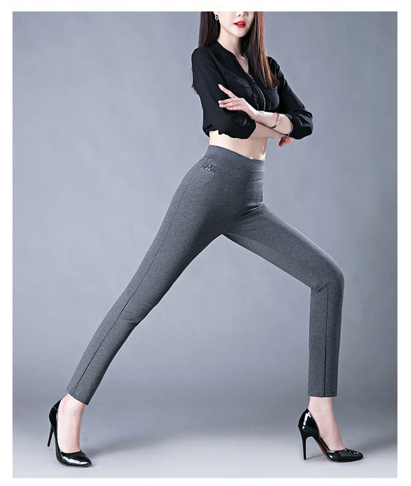 Fashion All Match Black Gray Pencil Pants Spring autumn Elegant High Waist Casual Stretch Slim Middle Aged Women Trousers Ladies