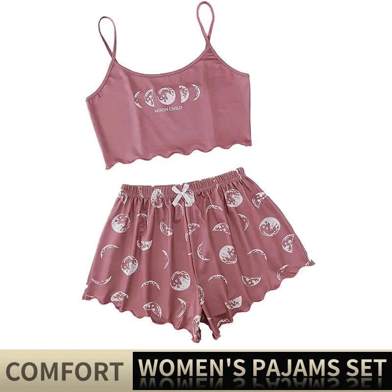 New Women Pajamas Sleepwear Pajama Set Good Dream Camisole And Shorts Pink Moon And Planet Print Summer Soft Comfortabl Homewear