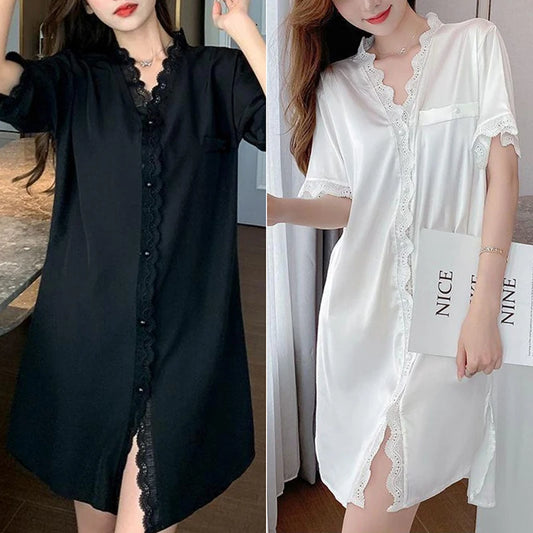 Elegant Ladies Short-Sleeved Pyjamas Sweet Wind Summer Sexy Nightgown V-Neck Cardigan Lace Lace Casual Home Wear Nightgowns