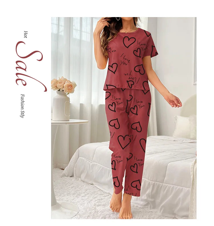 Women Pajamas Set Short Sleeve Shirt and Trousers Sleepwear Two Pieces Pyjamas Loungewear Nightwear Ladies Pijama Home Clothing