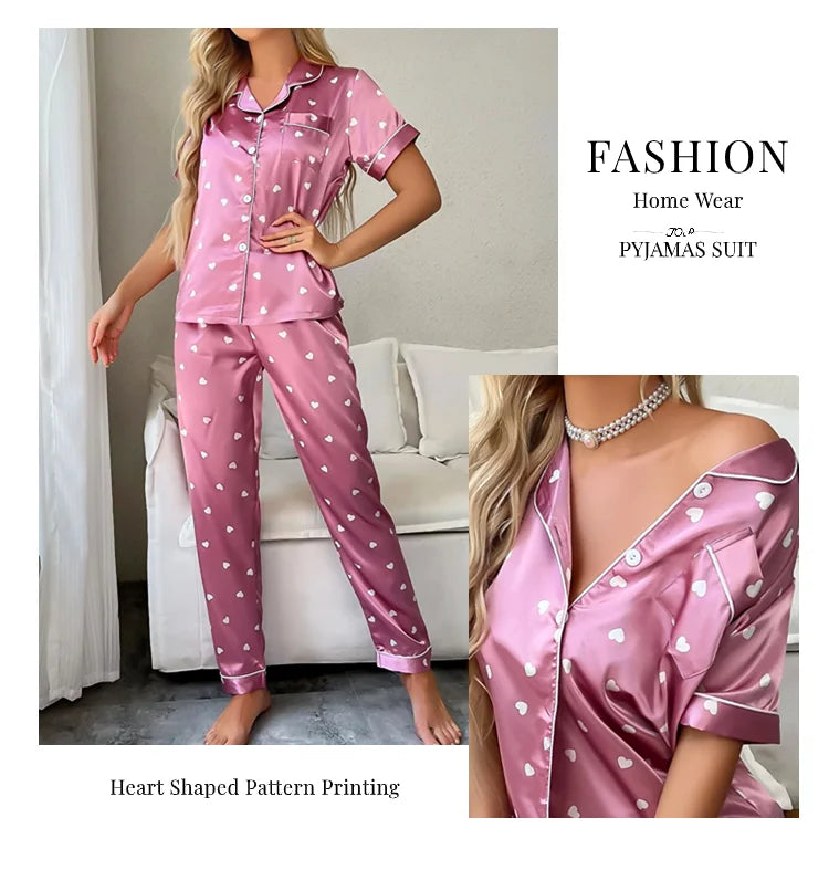 Women's Sleepwear Heart Print Satin Pajama Set Casual Short Sleeve Buttons Lapel Top & Pants Pajamas Soft Home Clothing Pyjamas