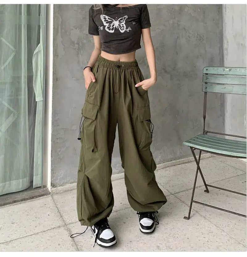 Women Long Cargo Pants Summer Elastic Waist Pocket Baggy Straight Loose Pants Casual Women Korean Trousers CDPF-WYP-51