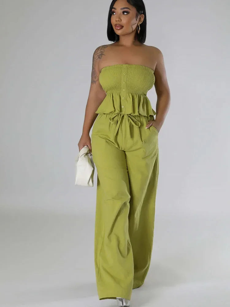 Solid Elegant Wide Leg Pants Set Women 2 Piece Outfit Summer Holiday Ruffles Strapless Tube Top and Loose Pants Matching Sets