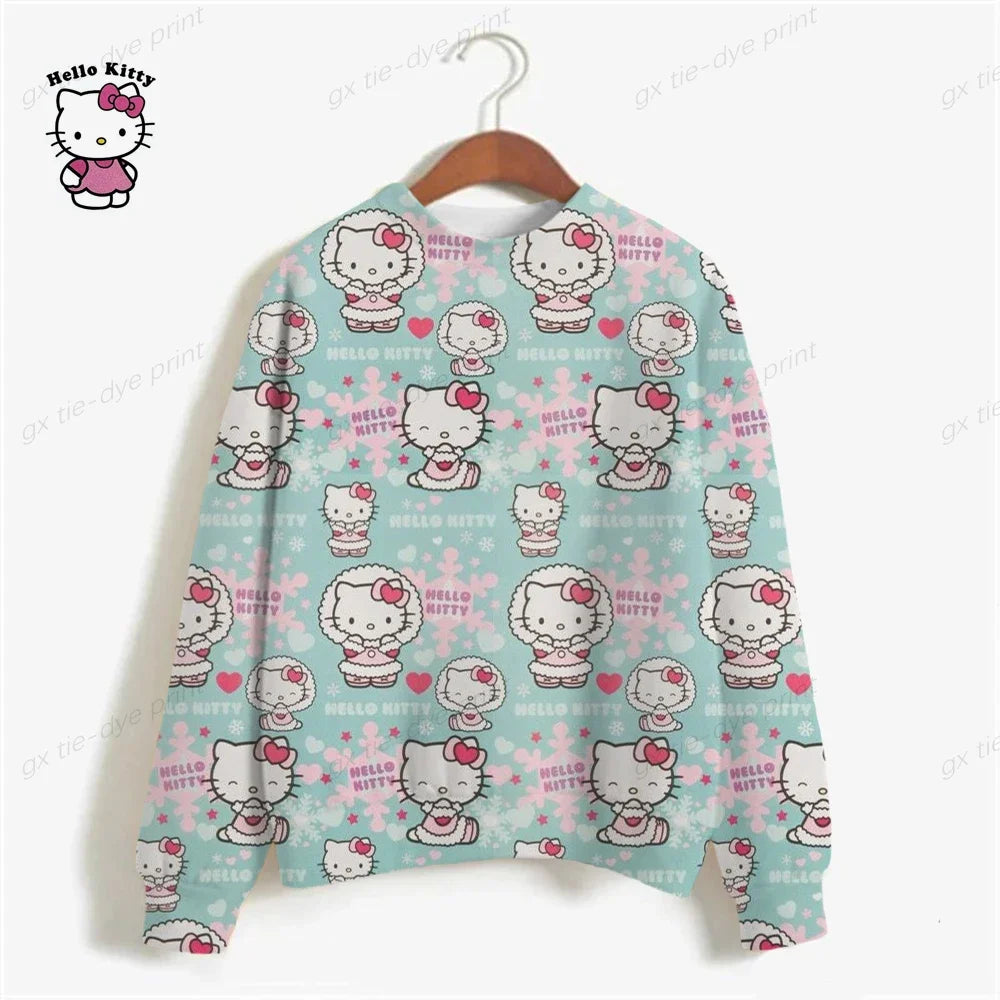 Korean Fashion Hoodies for Women Thin Chic Hooded HELLO KITTY Print Sweatshirt Female autumn Loose Cartoon Print Top y2k