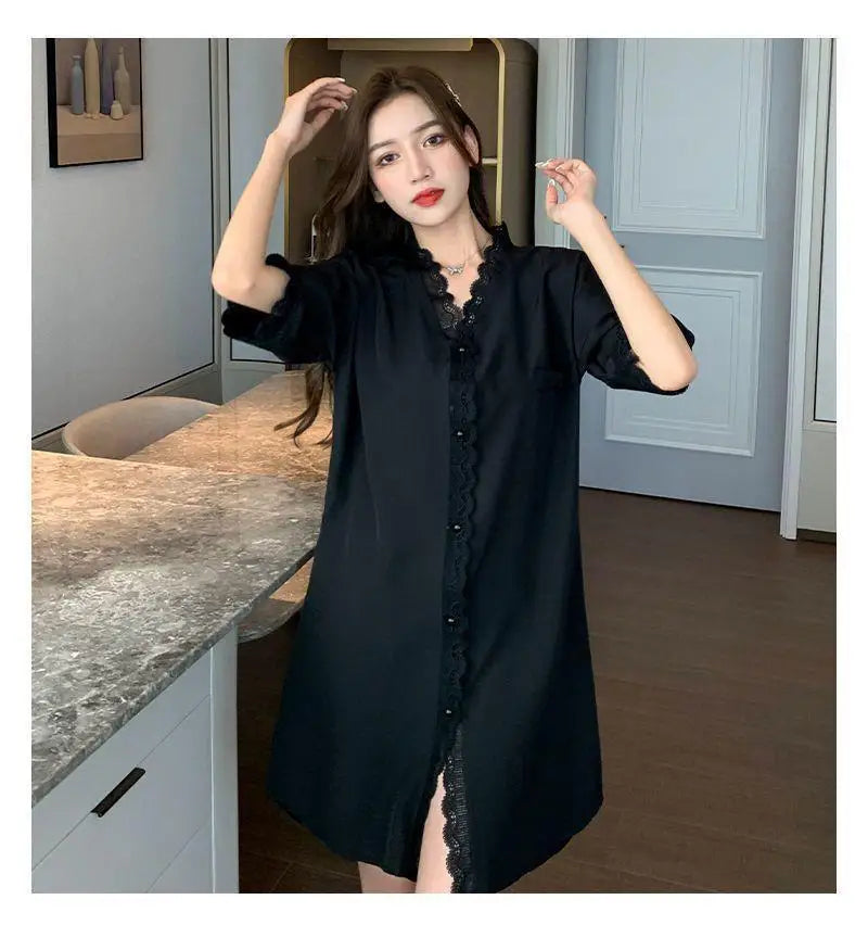 Elegant Ladies Short-Sleeved Pyjamas Sweet Wind Summer Sexy Nightgown V-Neck Cardigan Lace Lace Casual Home Wear Nightgowns