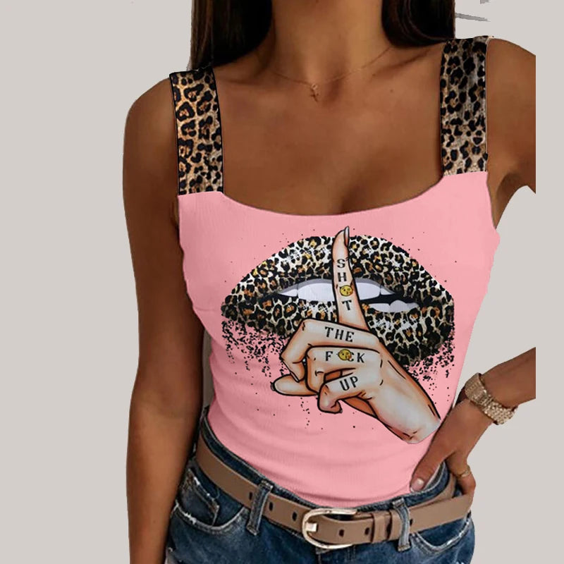 Sexy Tank Tops Women's Leopard Lips Print Sleeveless Crop Tops Fashion Party Club Summer Sleeveless Streetwear Bustier Tops