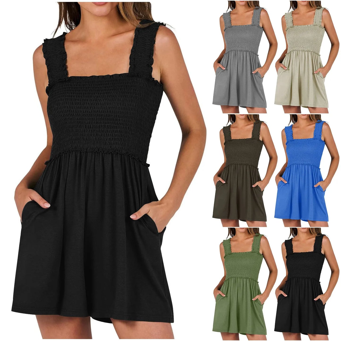 Damen Sommer Boho Strampler Ärmellos Schnürung Schulterfrei Weites Bein Playsuits Einfarbig Lässig Täglich Locker Kurz Jumpsuit