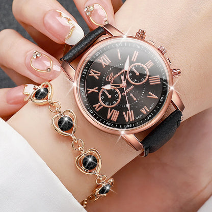 Women Watch Rhinestone Heart Jewelry Set Geneva Watch Casual Leather Band Quartz Wristwatch（Without Box）