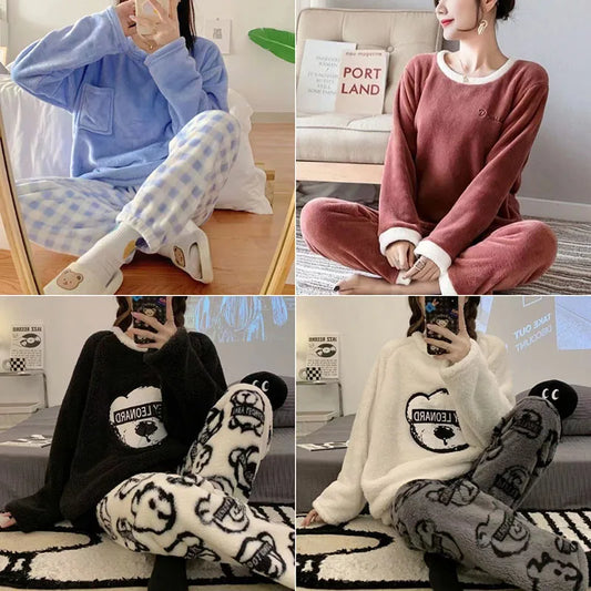 Thickened Warm Flannel Large Size Women Pajamas Set Long-Sleeved Autumn and Winter Warm Cartoon Bear Coral Velvet Sleepwear