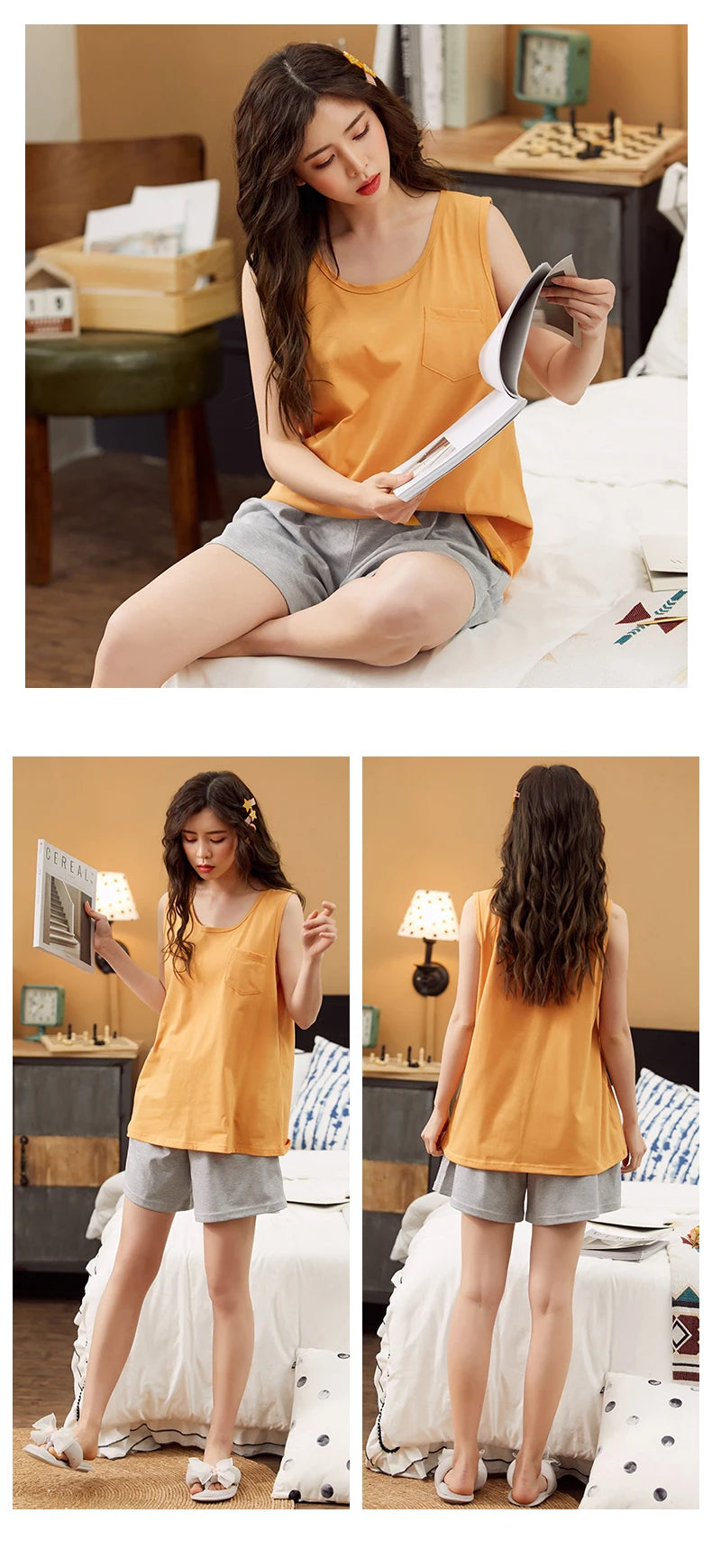 Pajamas for Women Summer Solid Sleepwear Cotton Pyjamas Set Tank Top Shorts Cute Underwear Set Soft Sleeveless Nightwear