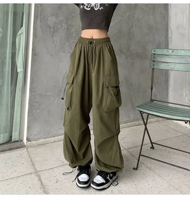 Women Long Cargo Pants Summer Elastic Waist Pocket Baggy Straight Loose Pants Casual Women Korean Trousers CDPF-WYP-51