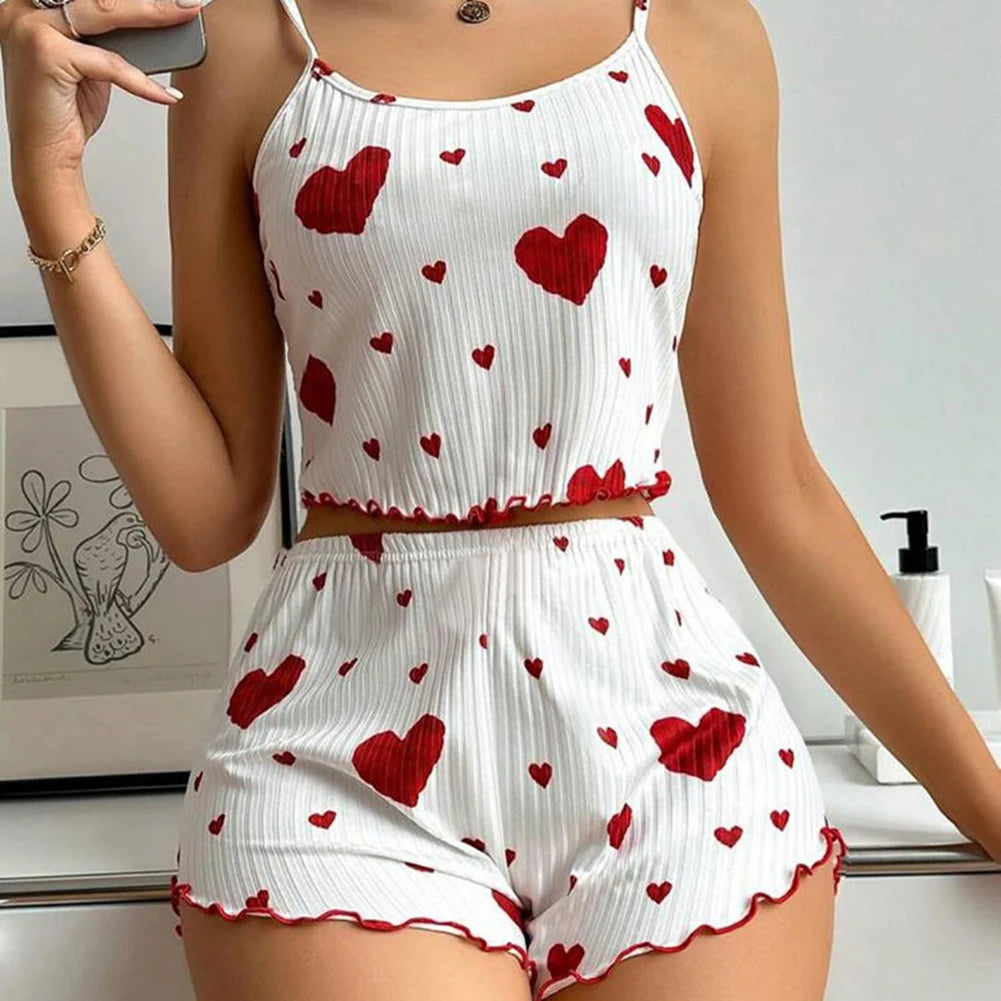 Women's Summer 2PCS Pajama Set Sling Vest with Shorts 2025 Newly Love Heart Print Spaghetti Strap Camisole Sleepwear for Girls