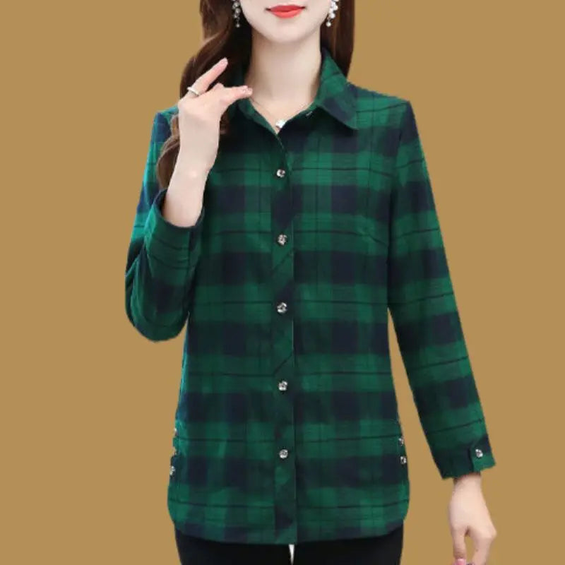 Frühling Herbst Elegante Mode Harajuku Plaid Tops Frauen Lose Beiläufige Alle Spiel Dame Hemd Polo Kragen Taste Langarm Blusa