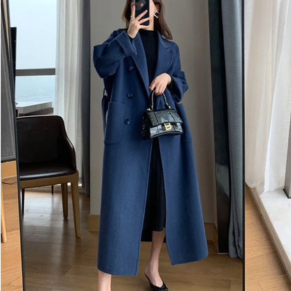 Jmprs Winter Woolen Long Coat Casual Women Double Breasted Faux Wool Jacket Fall Fashion Korean Ladies Black Clothes New