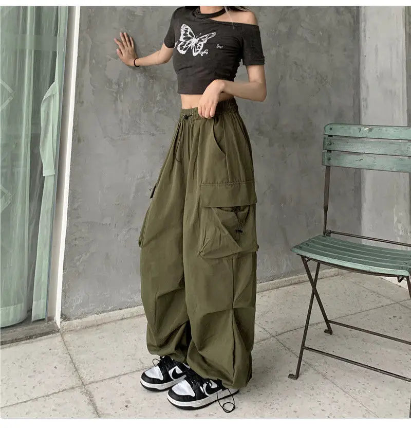 Women Long Cargo Pants Summer Elastic Waist Pocket Baggy Straight Loose Pants Casual Women Korean Trousers CDPF-WYP-51