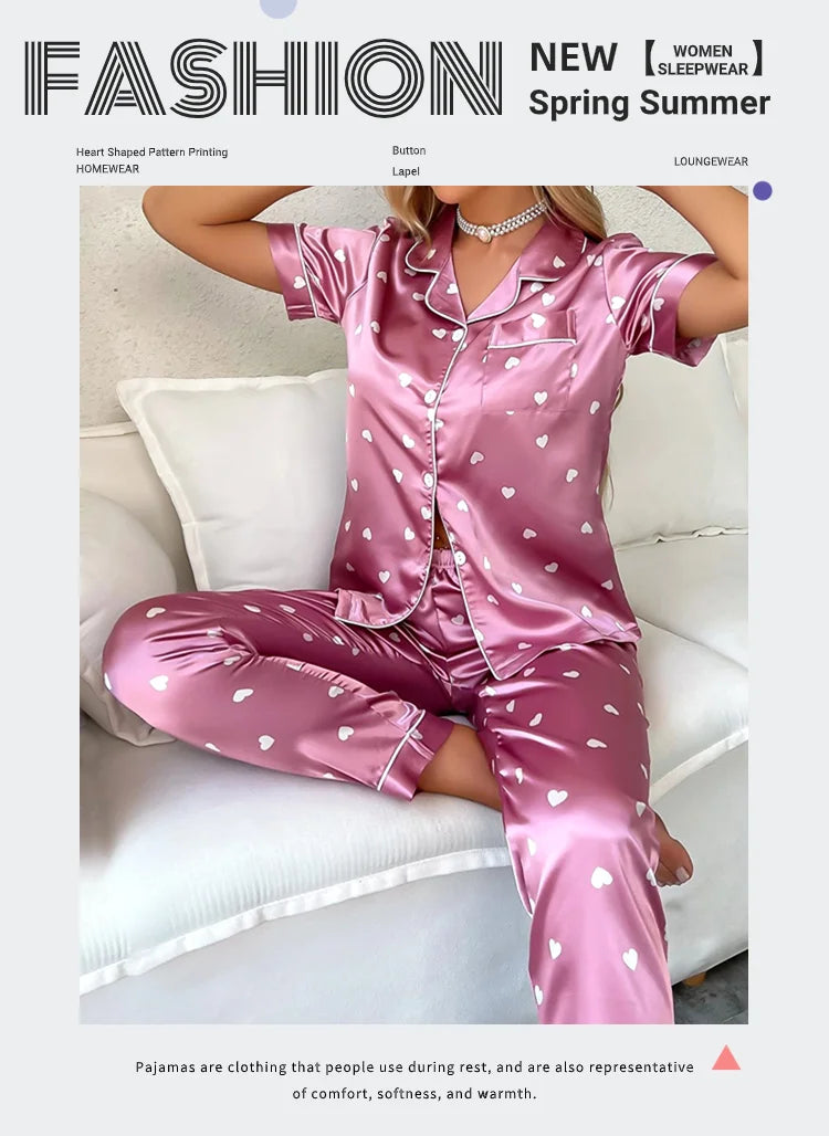 Women's Sleepwear Heart Print Satin Pajama Set Casual Short Sleeve Buttons Lapel Top & Pants Pajamas Soft Home Clothing Pyjamas