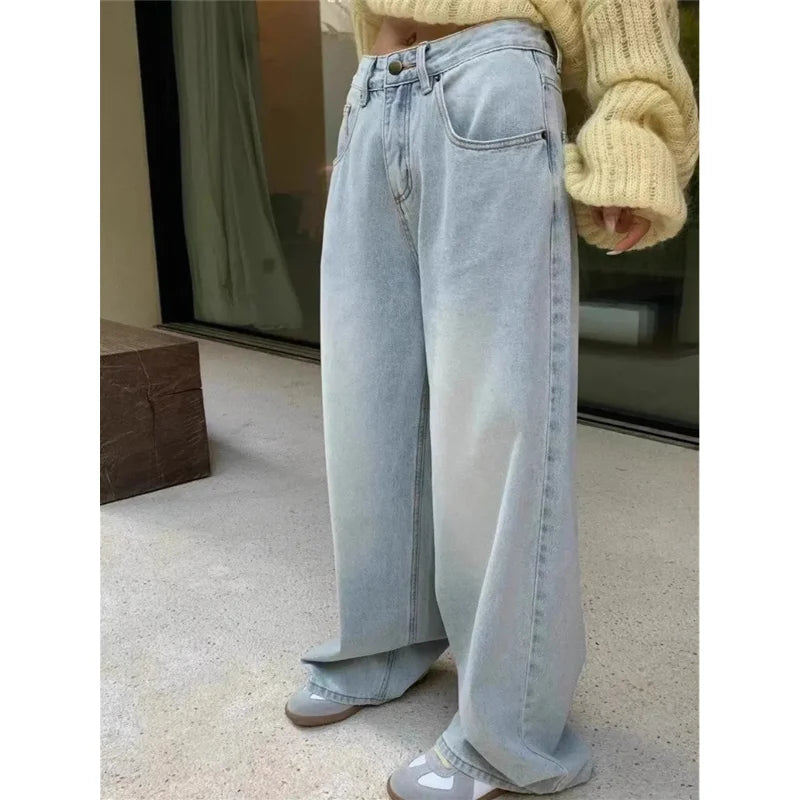 Blue Jeans Women High Waist American Plus Size Wide Leg Pants Vintage Straight Baggy Casual Denim Trousers Mom Oversize Pants