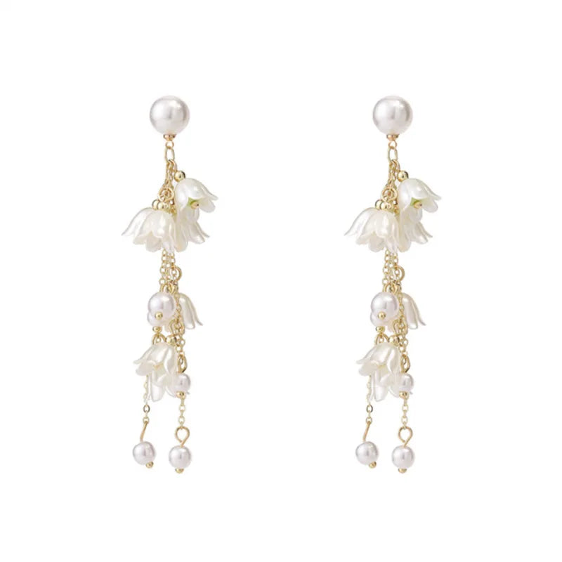 Long Earrings Acrylic White Flower Tassel Dangle Earrings for Women Wedding Party Imitation Pearl Trendy Statement Jewelry Gift