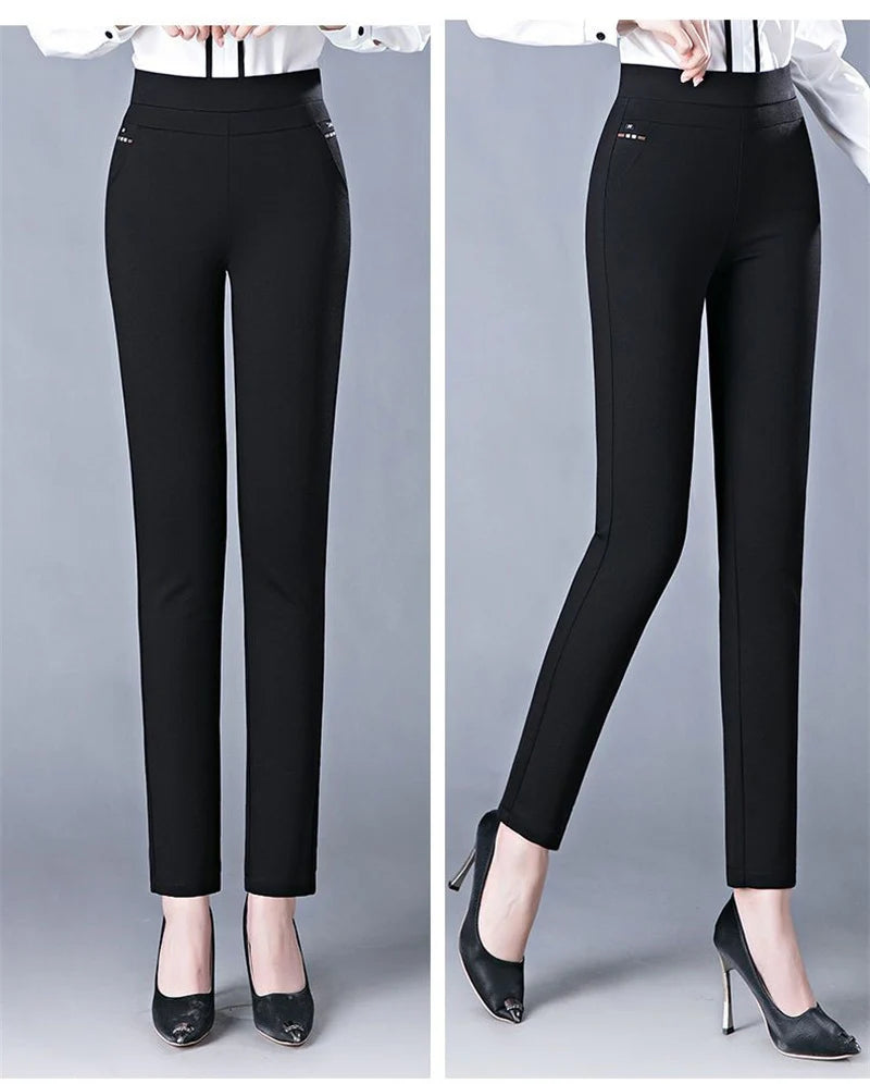 Fashion All Match Black Gray Pencil Pants Spring autumn Elegant High Waist Casual Stretch Slim Middle Aged Women Trousers Ladies