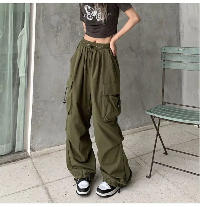 Women Long Cargo Pants Summer Elastic Waist Pocket Baggy Straight Loose Pants Casual Women Korean Trousers CDPF-WYP-51