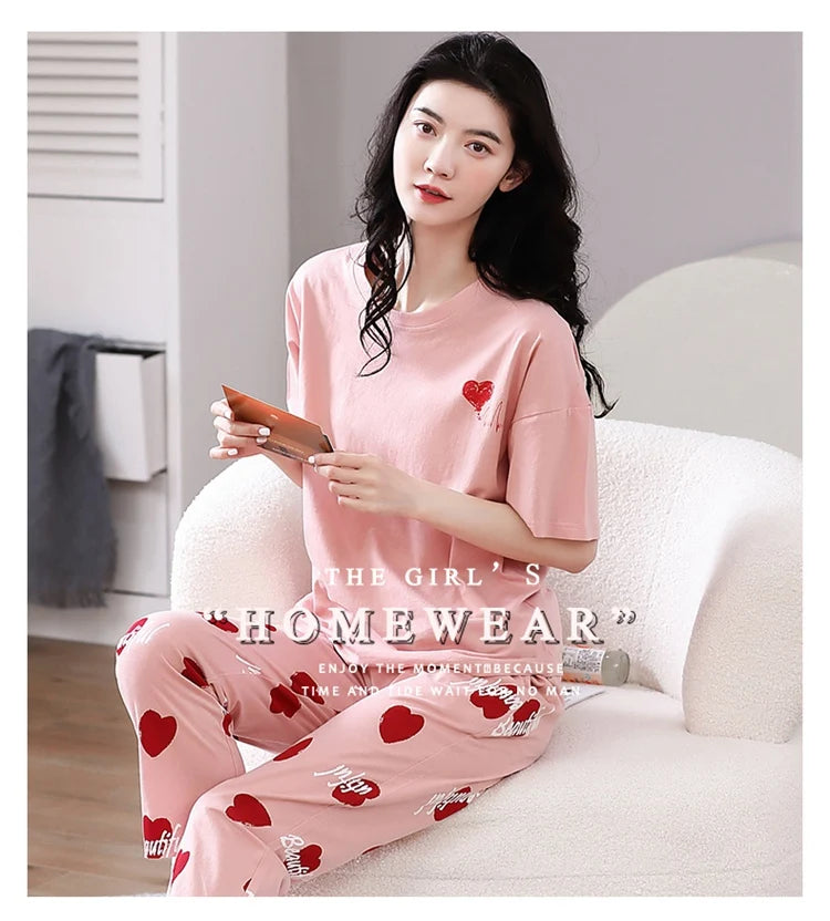 2024 Summer 100% Cotton Short Sleeve Long Pants Pajama Sets for Women Korean Cute Sleepwear Homewear Pijama Mujer Home Clothes