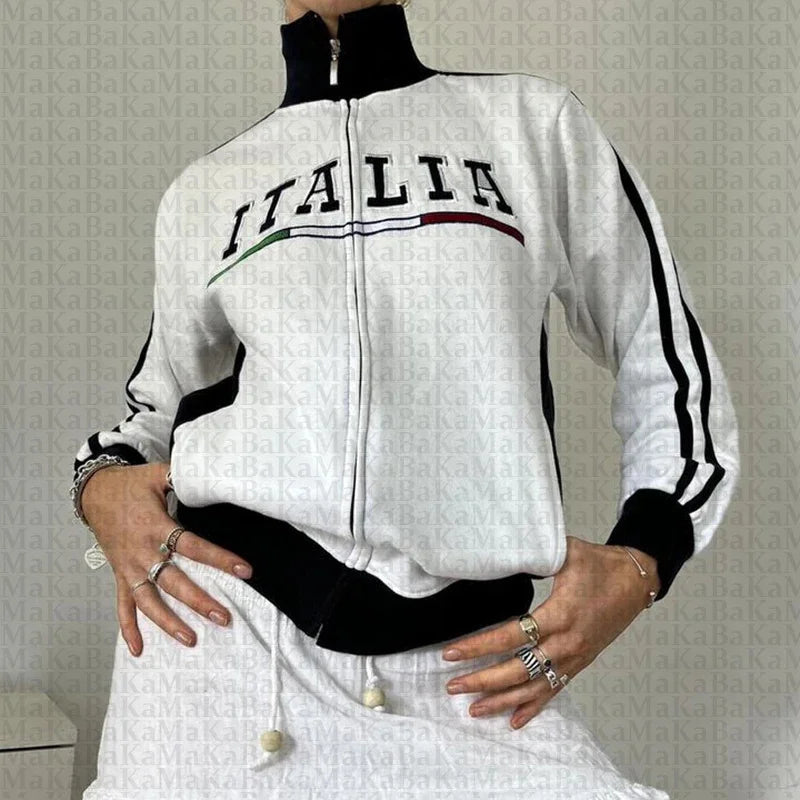 Italian retro women's plus size letter embroidered zipper jacket sportswear Y2K women's hooded sweatshirt 2024 autumn and winter