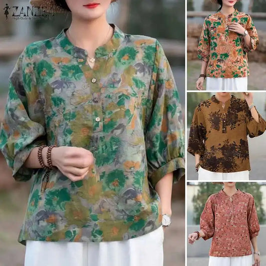 ZANZEA Bohemain Floral Printed Blouse Woman 3/4 Sleeve V-Neck Shirt Bohemian Casual Loose Tunic Tops Elegant Blusas Oversized